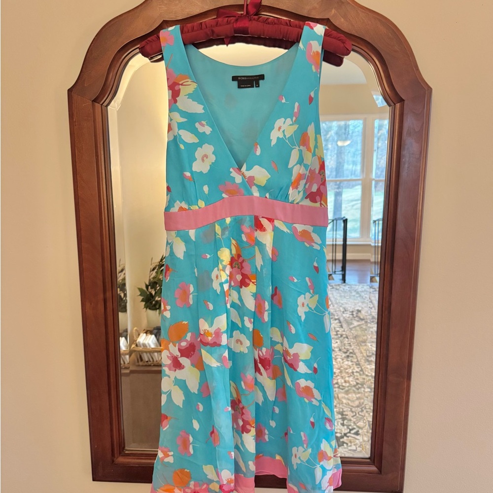 BCBGMaxAzria Turquoise Floral V-Neck Dress with Pink Trim